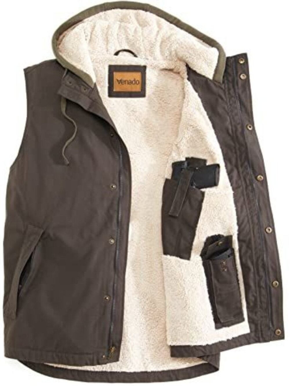 Yukon Concealed Carry Canvas Vest Sherpa Lined w/Hood - Olive Brown |  Medium
